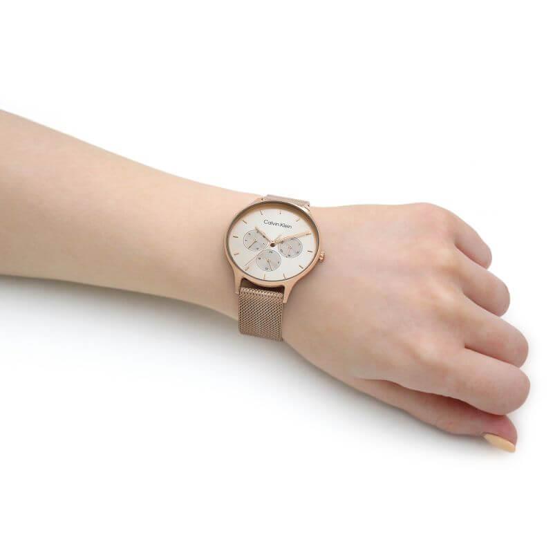 Multifunction Rose Gold Plated Day and Date Steel Mesh Bracelet Strap Watch