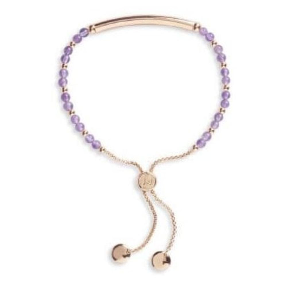Signature Stones - Family Engraved Yellow Gold Bar With Amethyst Stones- Bracelet