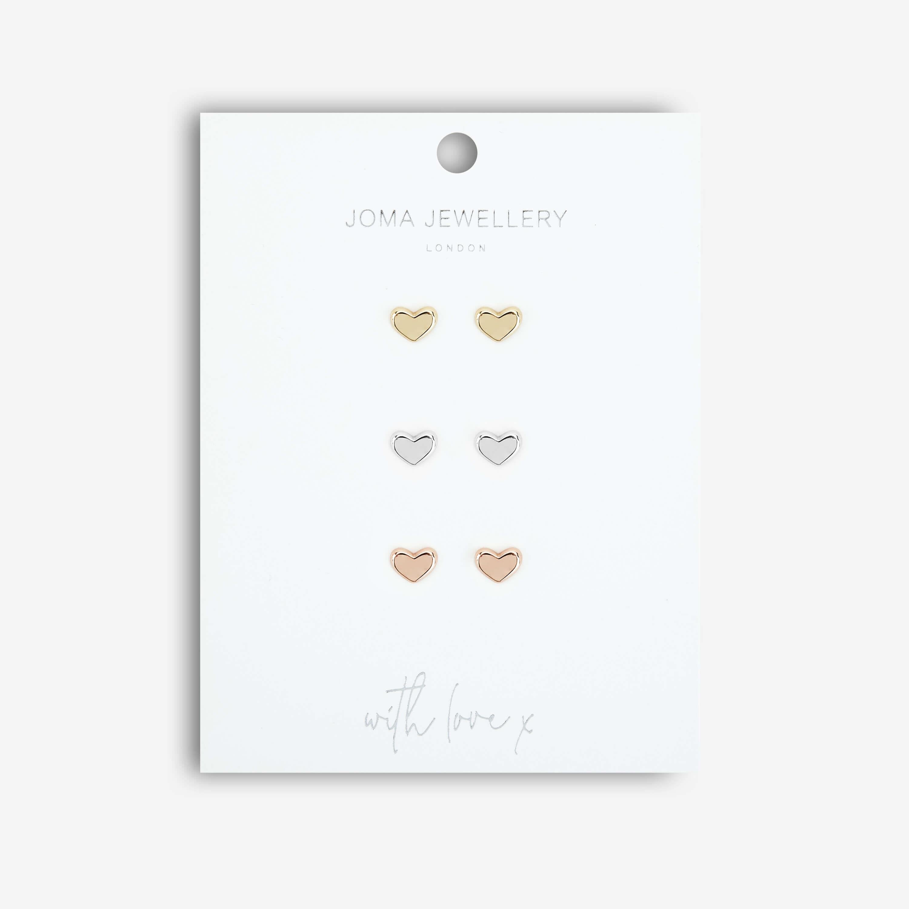 Florence | Heart Studs | Silver Rose Gold And Gold | Set Of 3 Earrings