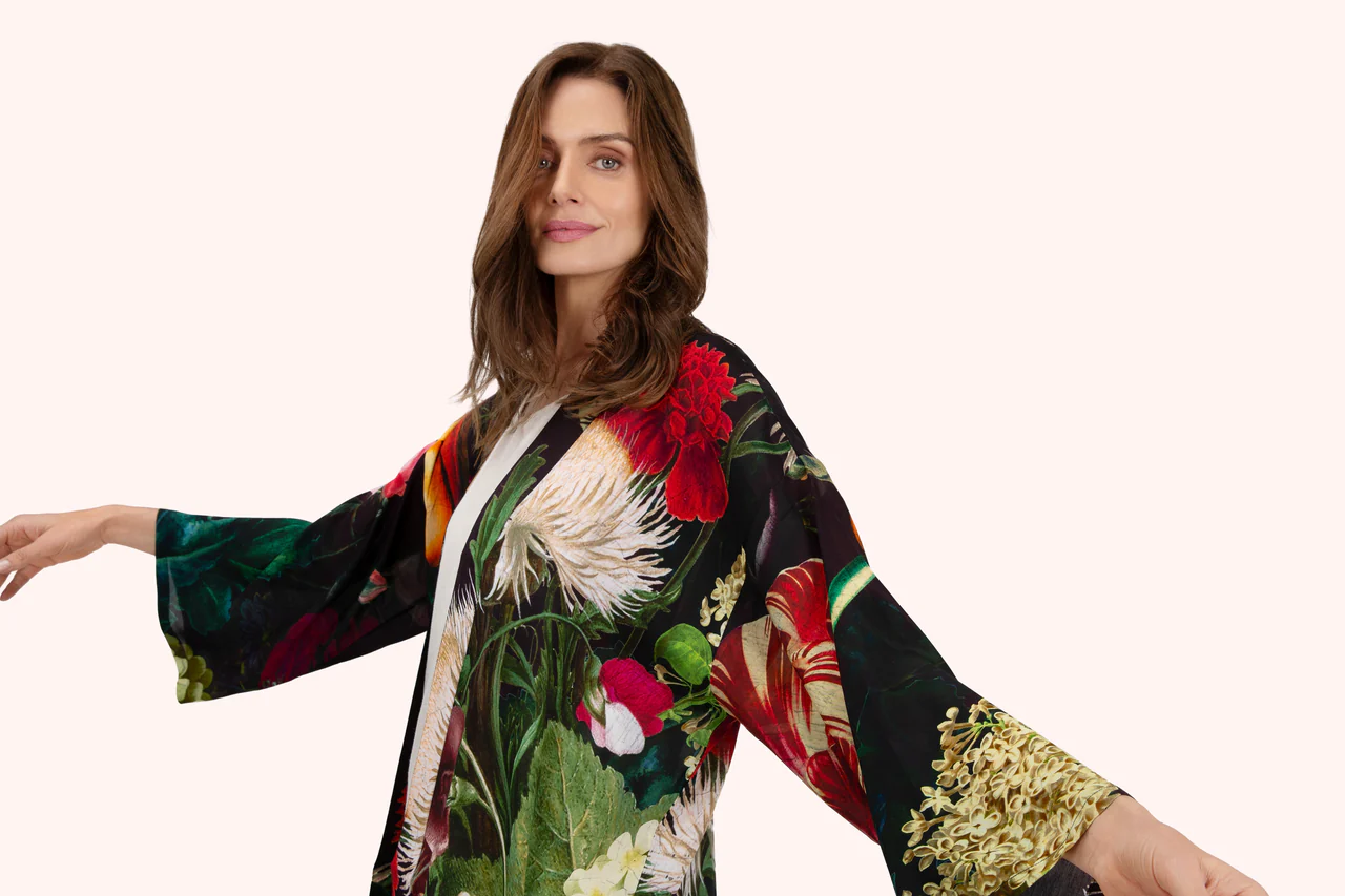Mid-Length Kimono - Opulant florals - Chocolate