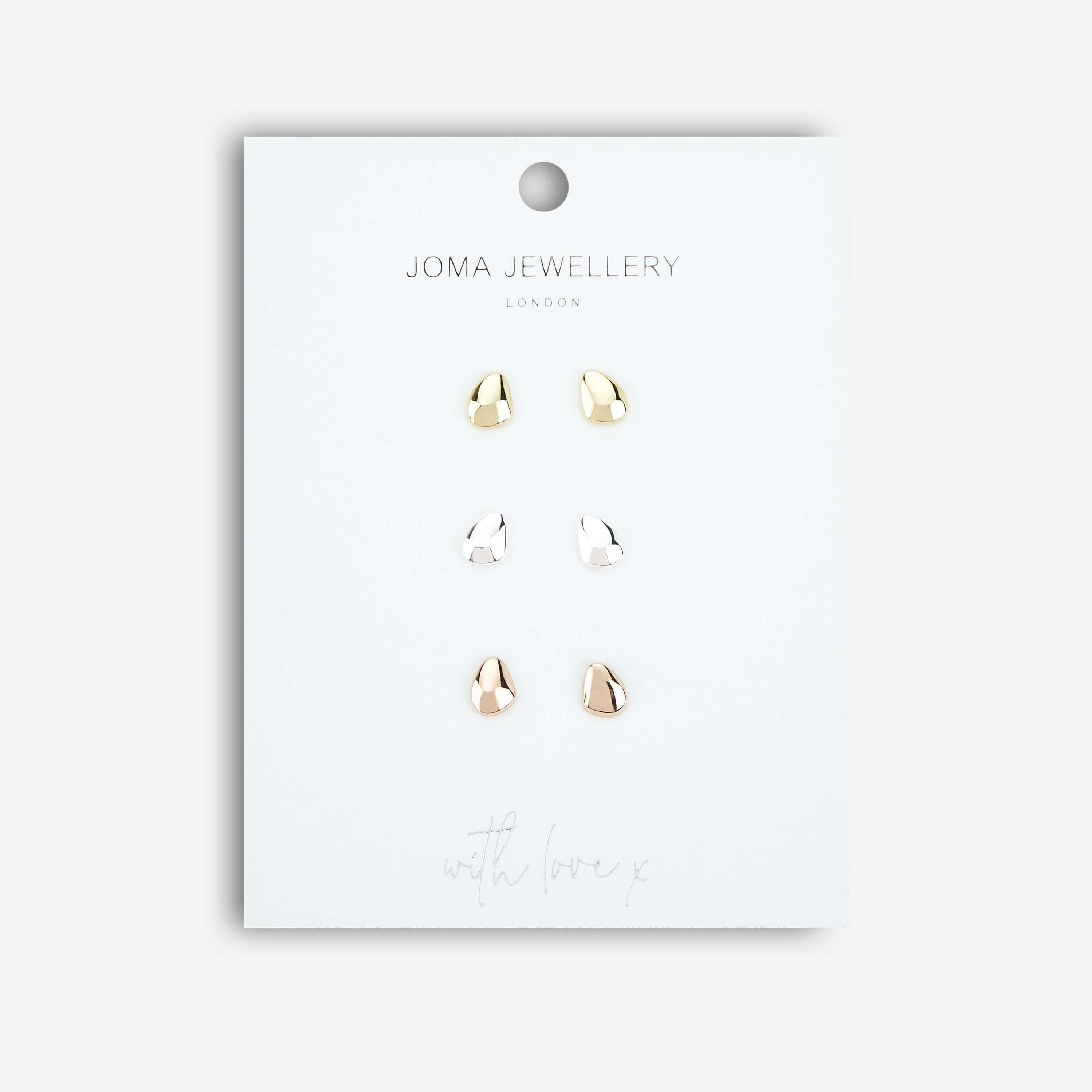 Florence | Pebble Studs | Silver Rose Gold And Gold | Set Of 3 Earrings