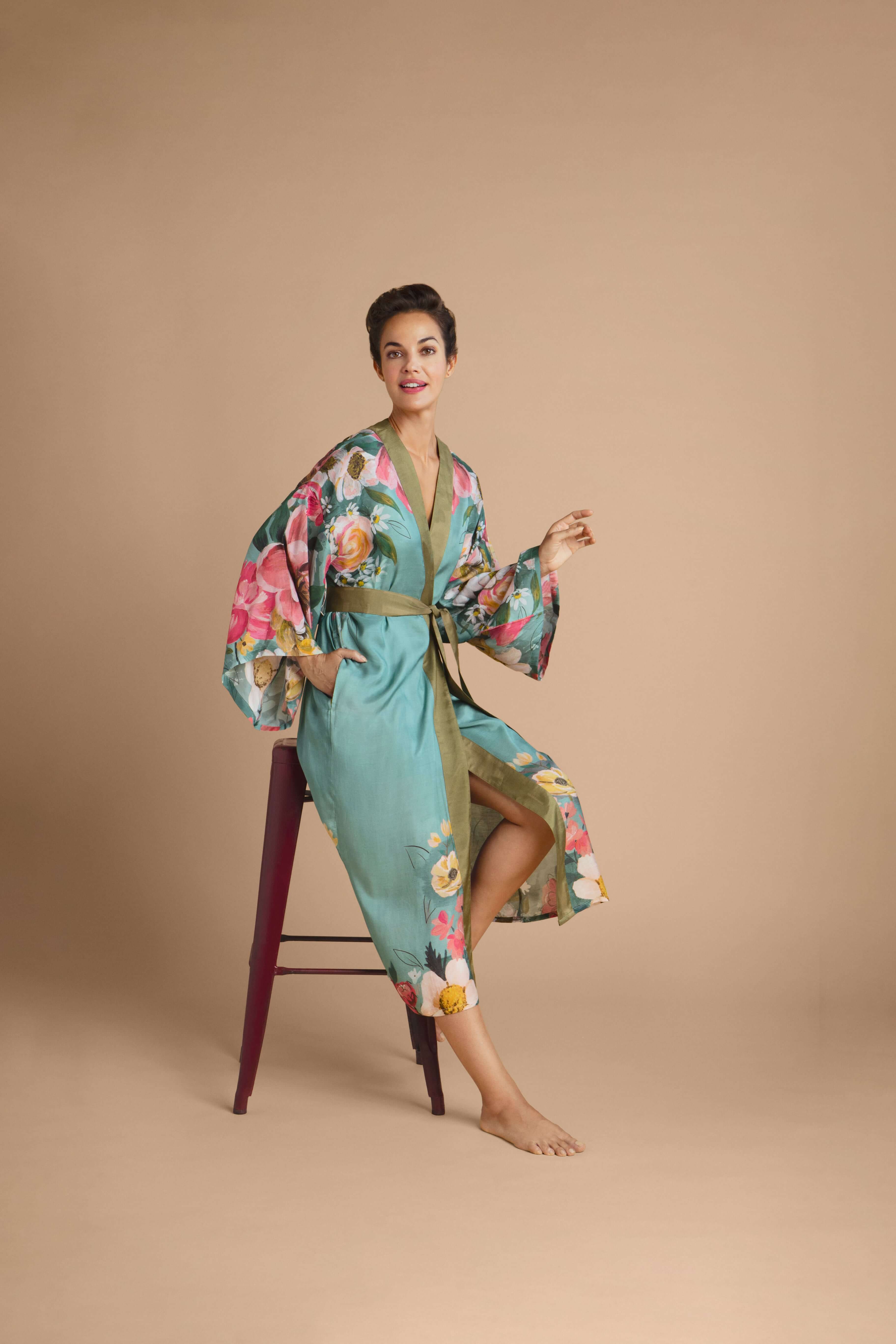 Impressionist Floral Kimono Gown - Teal