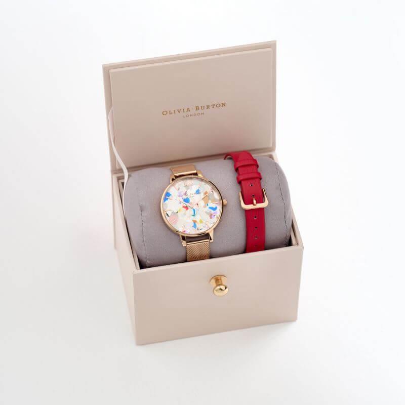 Pop Art Big Dial, Red Eco Vegan & Rose Gold Mesh Watch Strap Gift Set