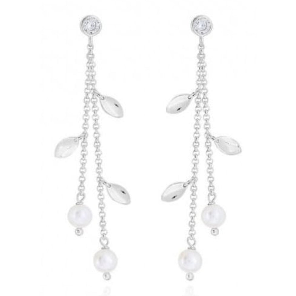 Happy Ever After Bridal Jewellery Pearl CZ Leaf Lariat Earrings