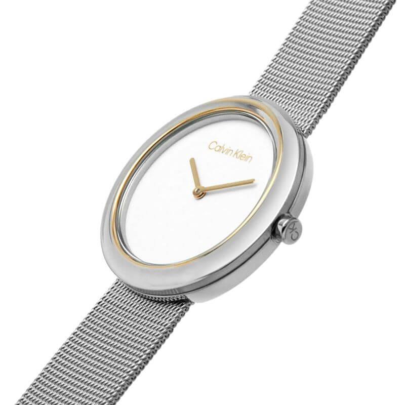 Twisted Bezel Silver Dial & Stainless Steel Mesh Bracelet Ladies Watch