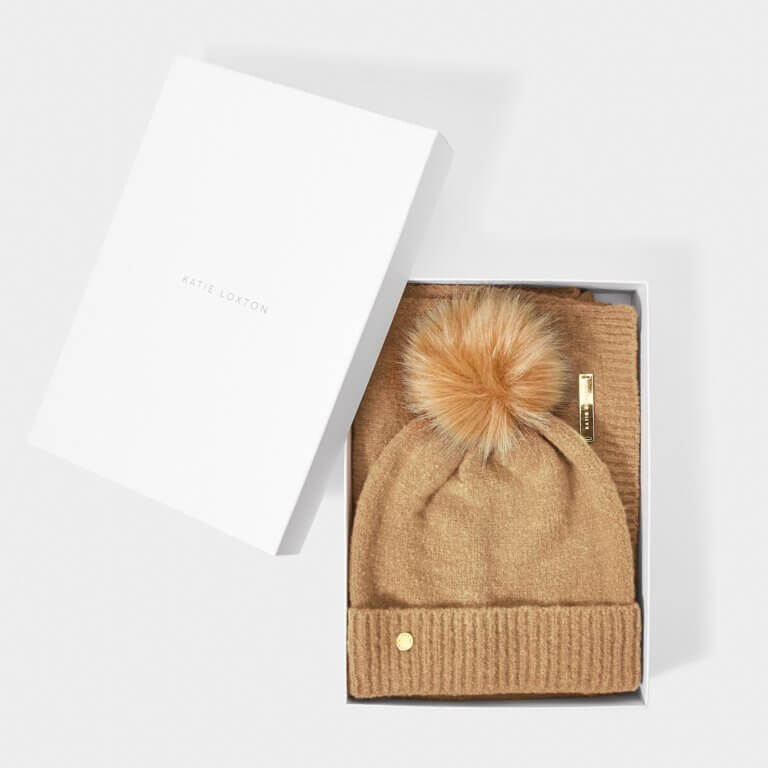 Boxed Fine Knitted Hat & Scarf | Caramel