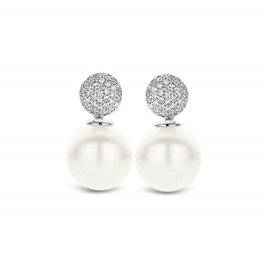Hanging Pearl & CZ Spheres Silver Earrings