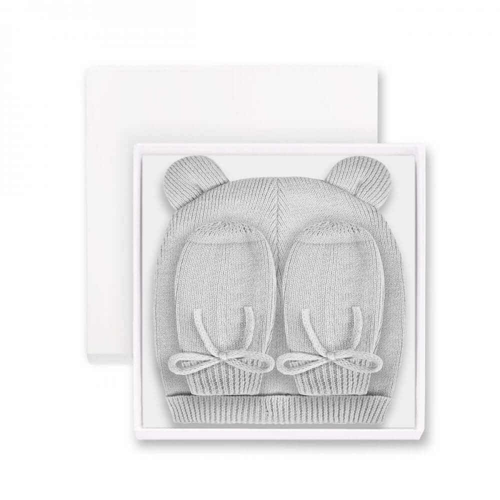 Beautifully Boxed Fine Knit Baby Hat And Mittens Set | Grey
