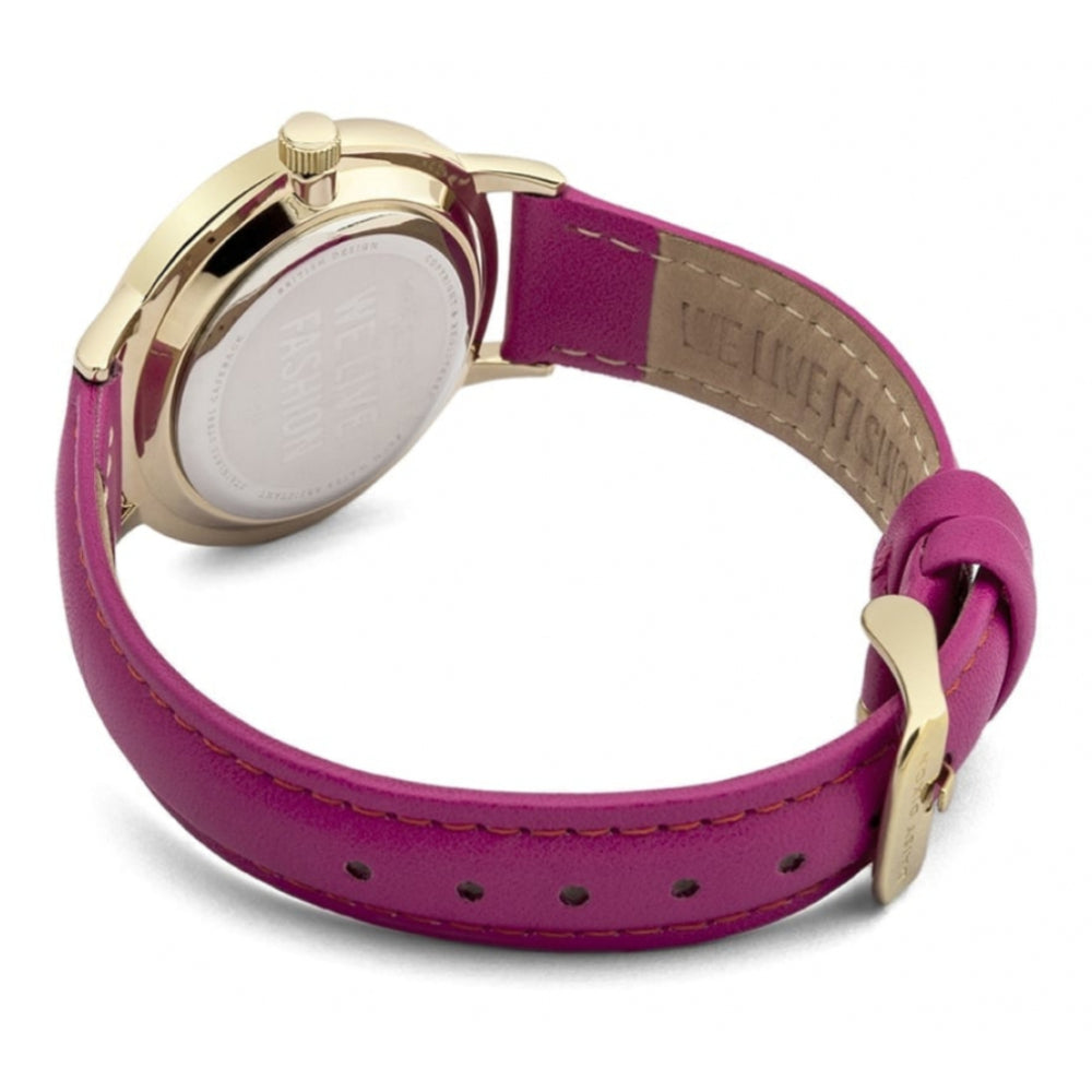 Tara Watch Gold Tone Case & Glossy Pink Dial With Pink Leather Strap