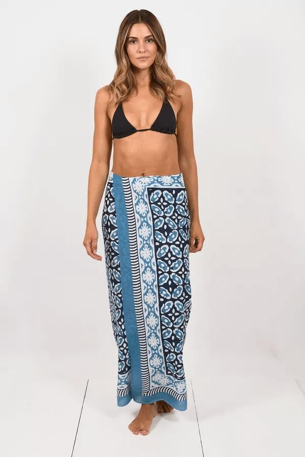 Hand Printed Cotton Sarong Flower Blue