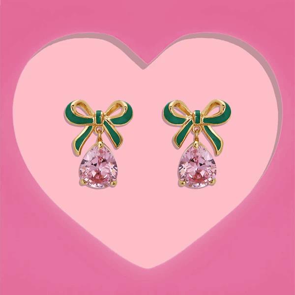 Amelia Bow Studs In Emerald Green Enamel, Pink CZ Teardrop & Gold