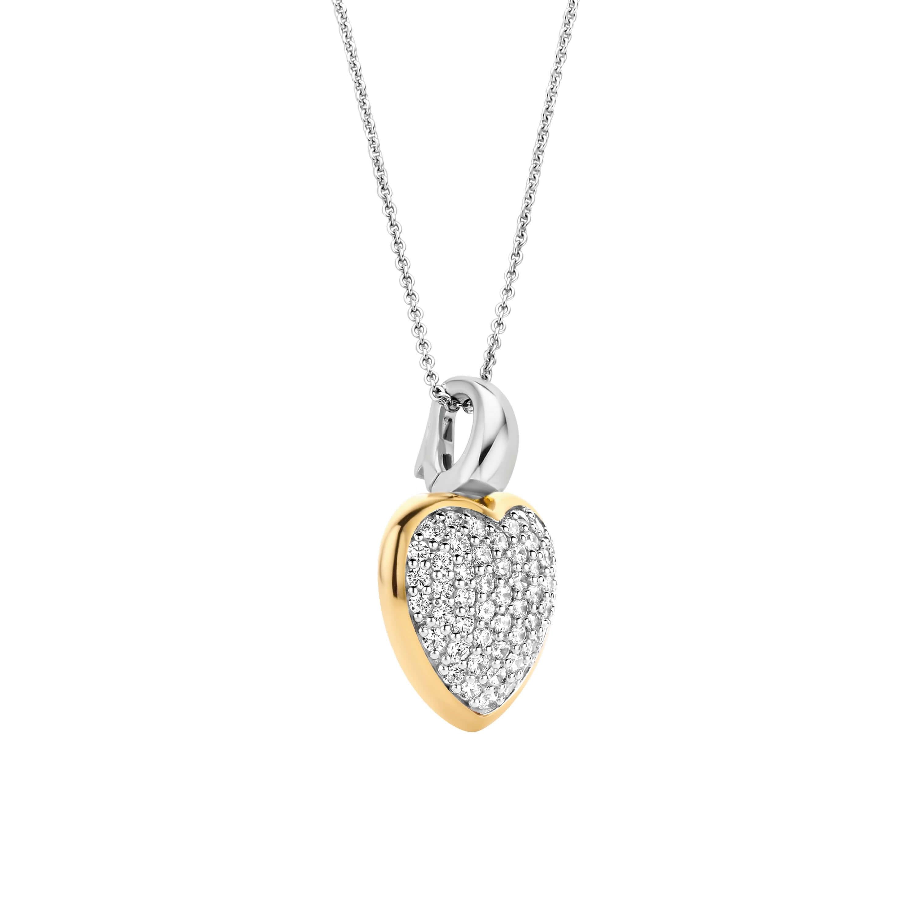 Two Tone Heart With CZ Pendant & Silver Chain Necklace