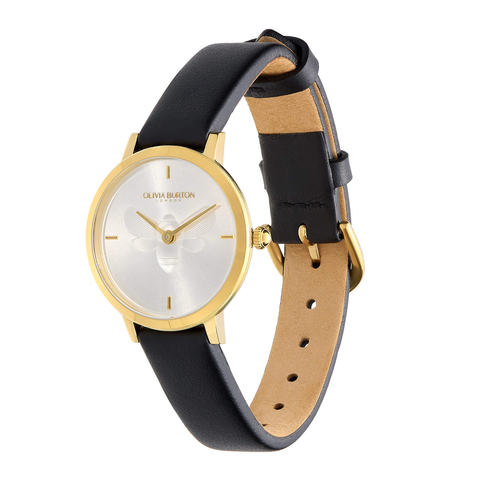Signature Bee Ultra Slim Gold & Black Leather Strap Watch