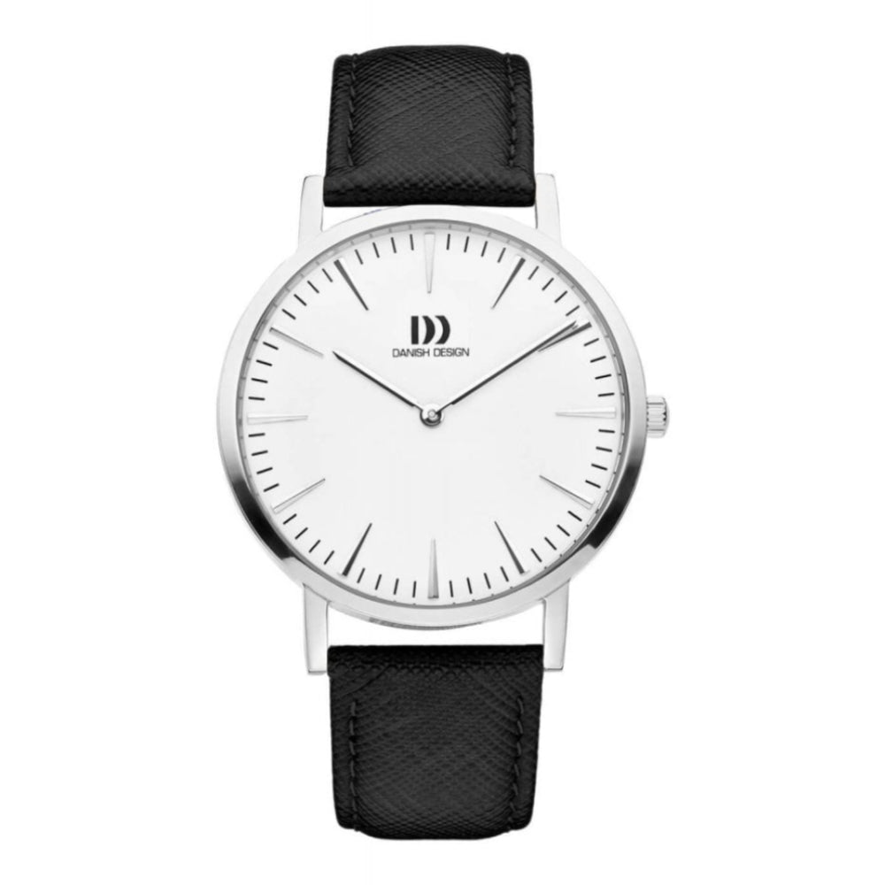 Mens Silver Stainless Steel Black Leather Strap Watch
