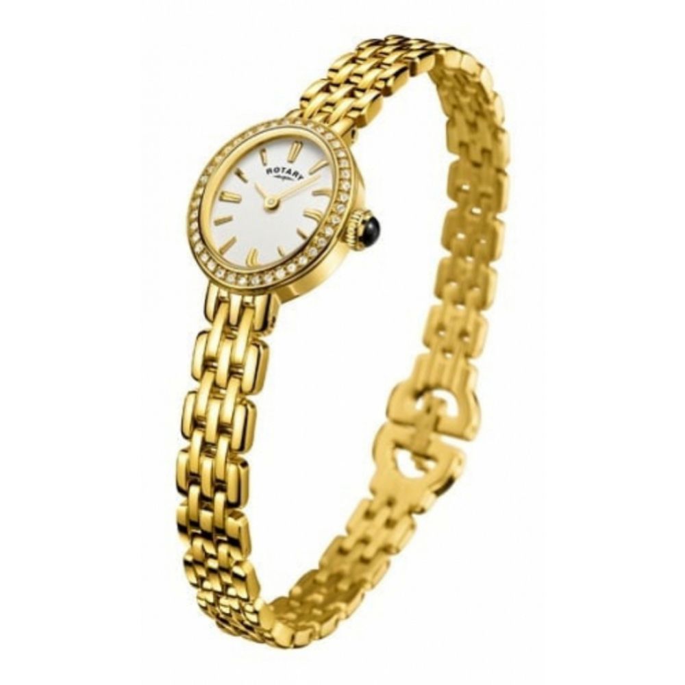 Gold Plated Oval Dial Inlayed Stones & Bracelet Strap Ladies Wristwatch