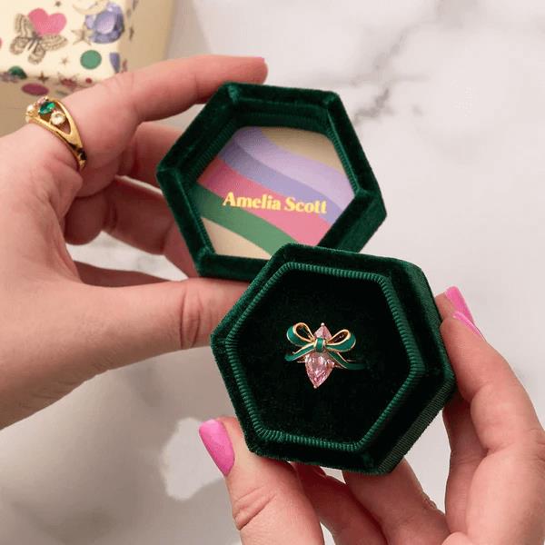 Amelia Bow Gold Ring In Emerald Green Enamel & Pink CZ