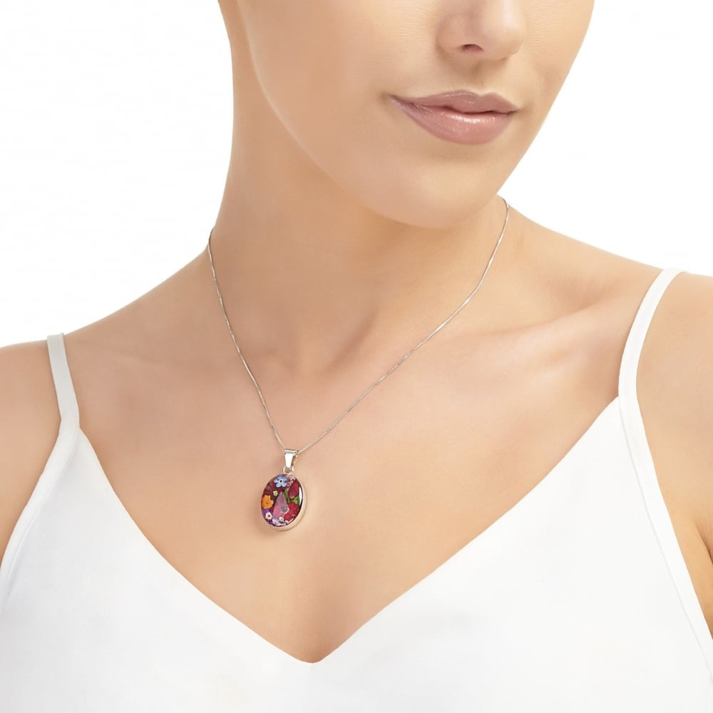 Silver Pendant - Mixed Flowers - Medium Oval