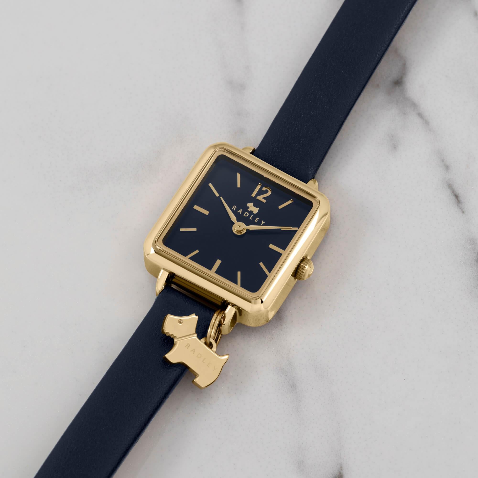 Ladies Square Pale Gold Plated Ink Leather Strap Watch