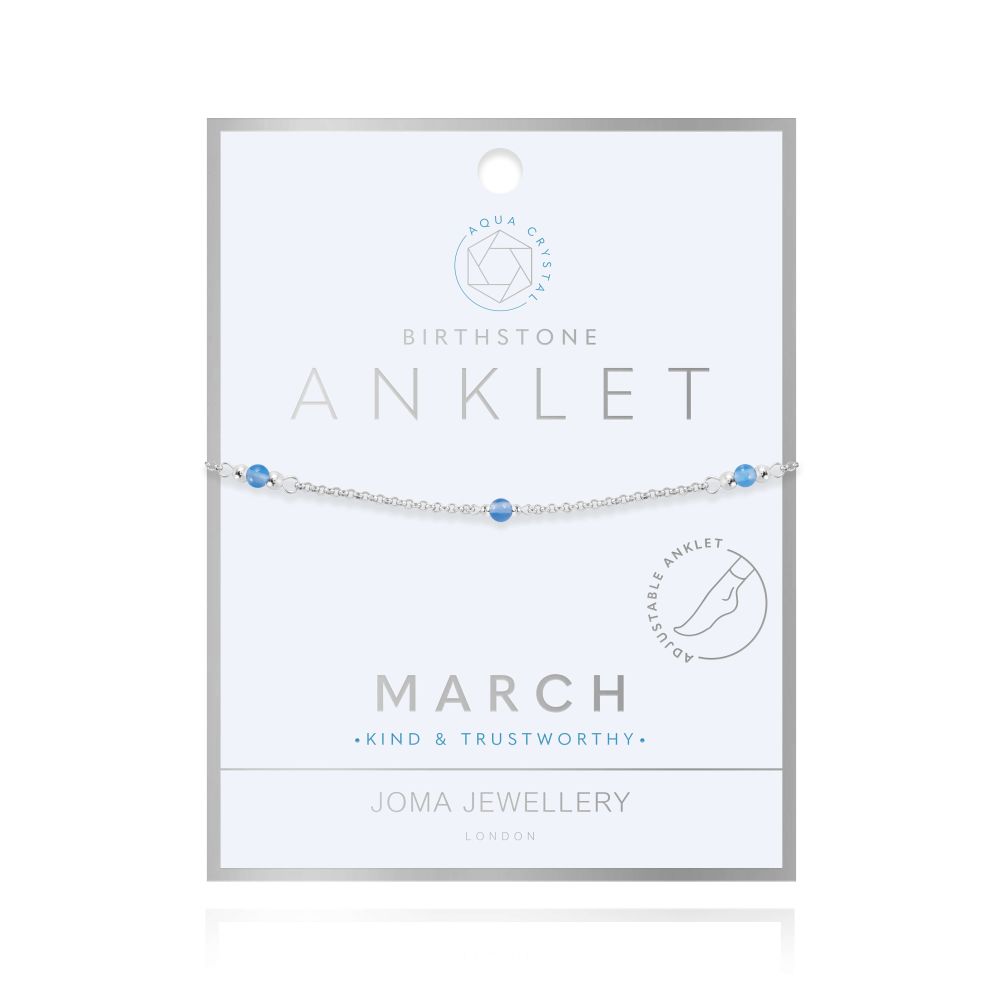 Anklet | Birthstone March Aqua Crystal | Silver | 26cm Adjustable