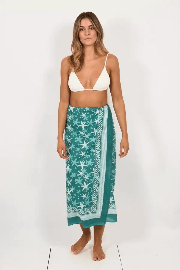 Hand Printed Cotton Sarong Starfish Green