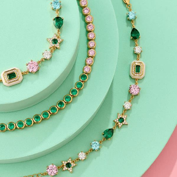 Celeste Cluster Bracelet In Blush Pink Enamel, Ice Blue & Emerald Green