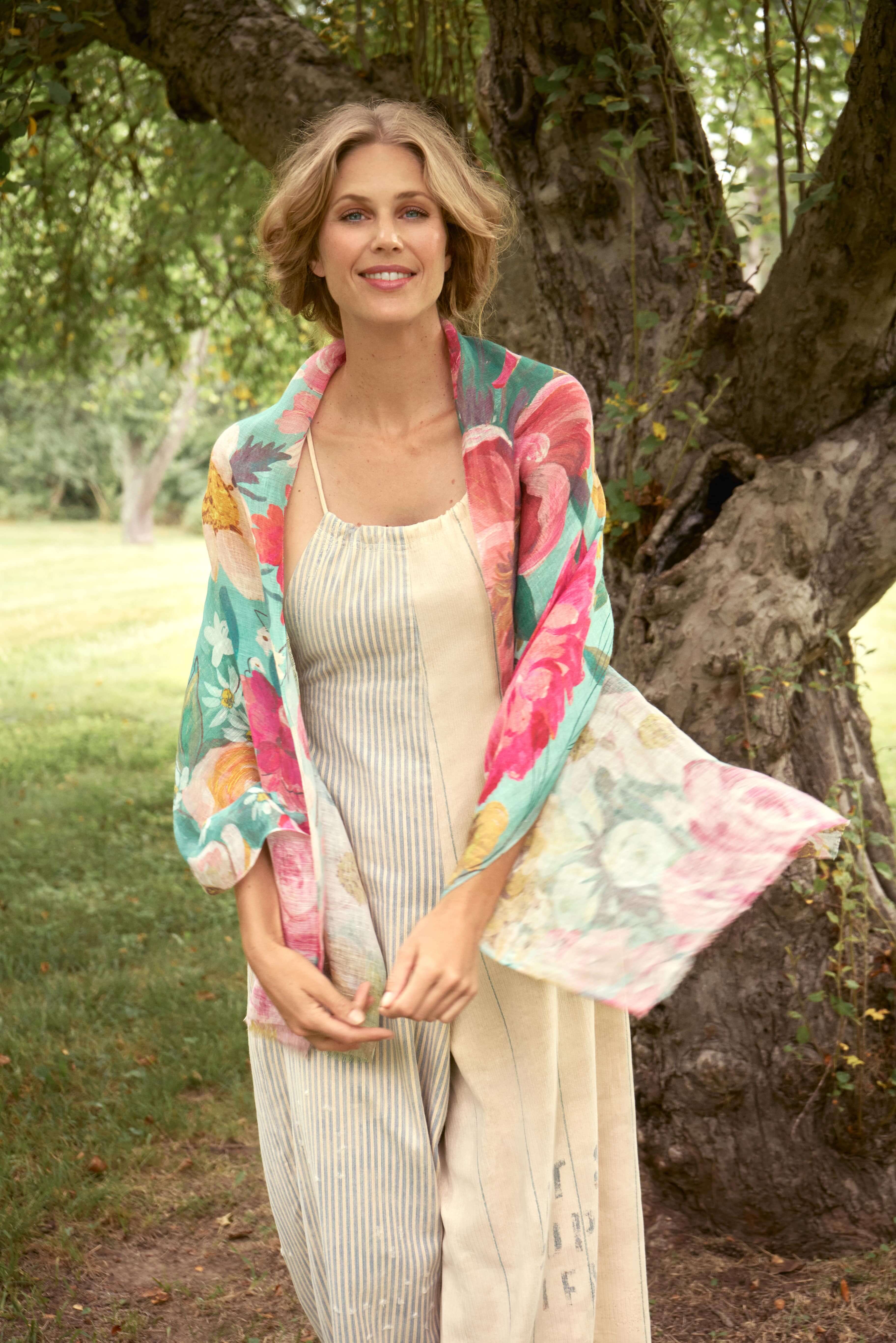 Impressionist Floral Linen Print Scarf - Teal