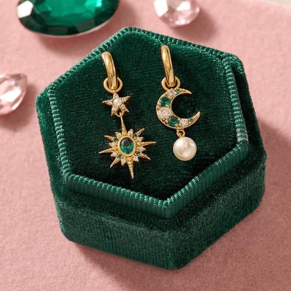 Luna Mismatch Moon & Star Huggies In Emerald CZ & Gold