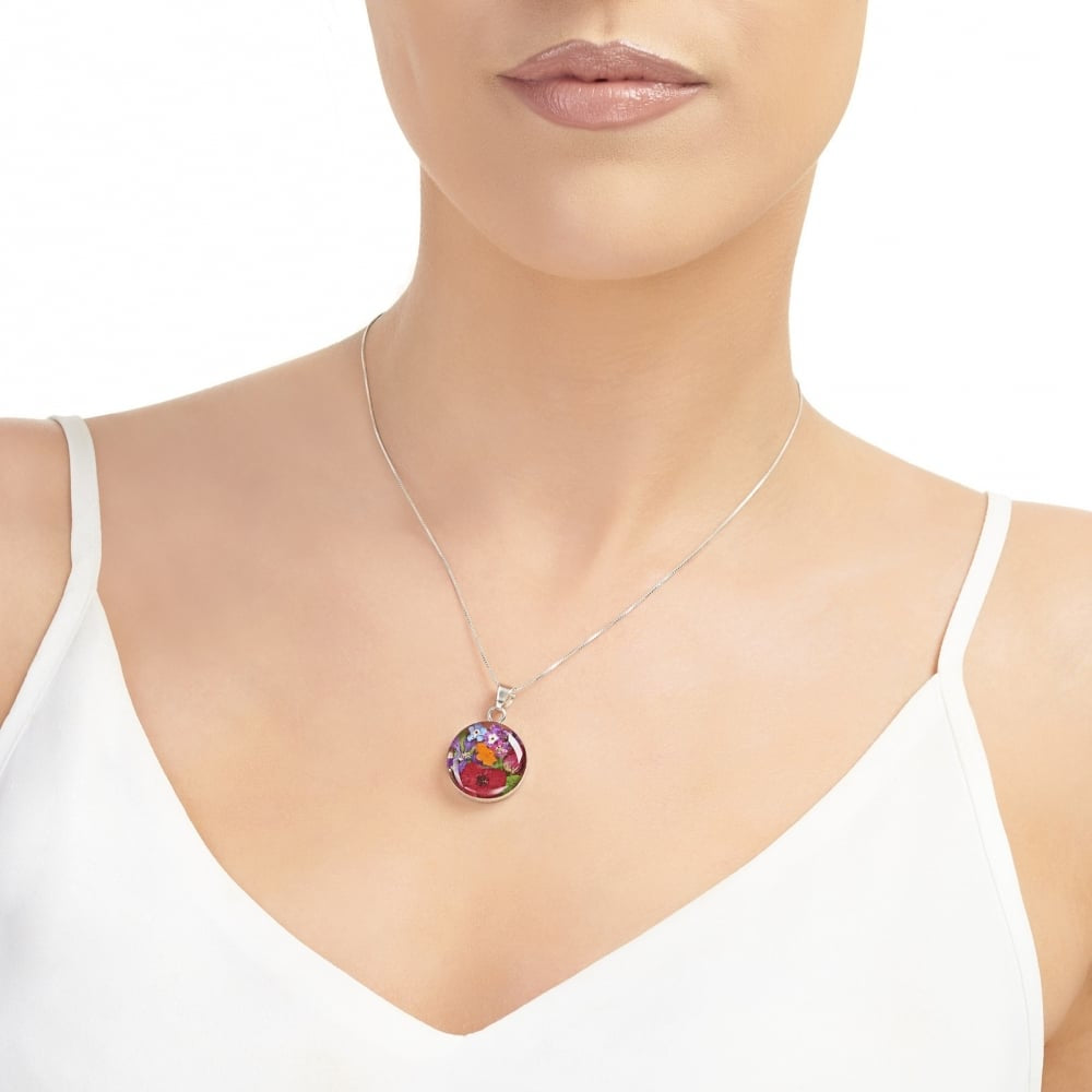 Silver Pendant - Mixed Flowers - Medium Round