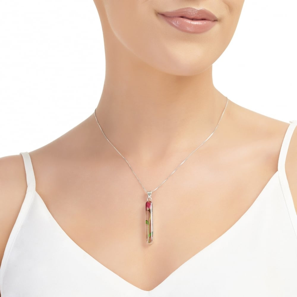 Silver Pendant - Rose bud - Long Stem