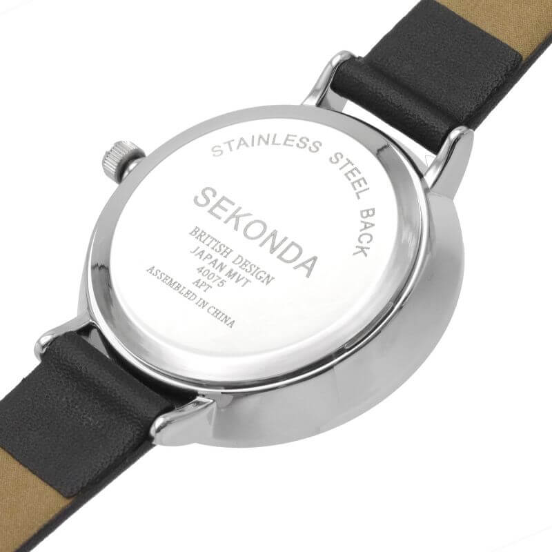 Stainless Steel Stone Set Silver Dial & Black Leather Strap Ladies Watch