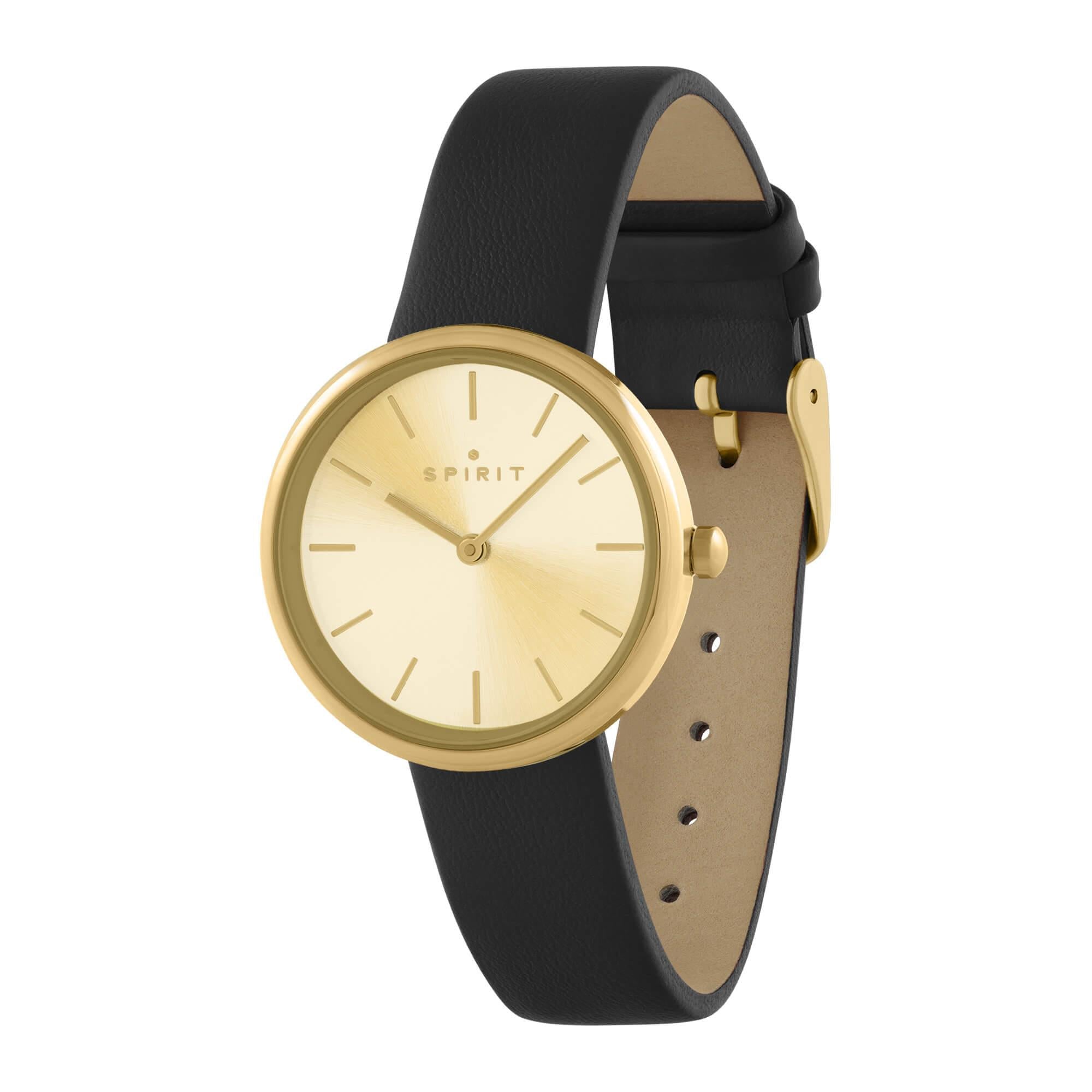 Ladies Polished Pale Gold Slim Strap Leather Watch in Black