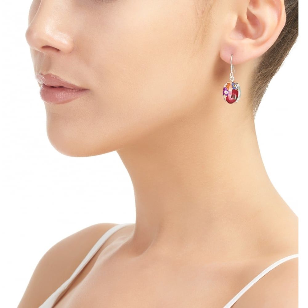 Silver Drop Earrings - Mixed Flowers - Oval