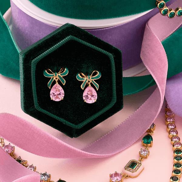 Amelia Bow Studs In Emerald Green Enamel, Pink CZ Teardrop & Gold