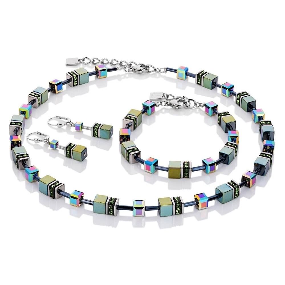 Metallic Green Swarovski Geo Cube Bracelet, Earrings and Necklace Set