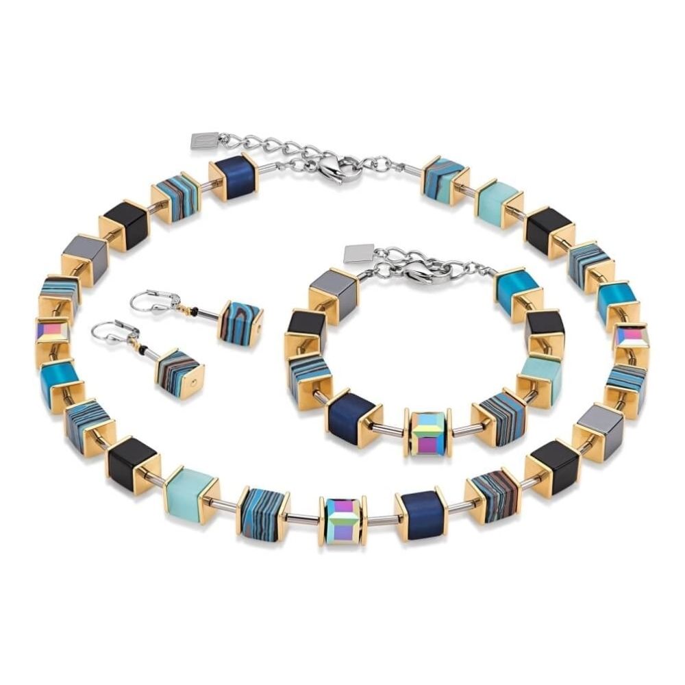 Blue Stripe/Blue/Gold Geo Cube Bracelet, Necklace and Earrings Set