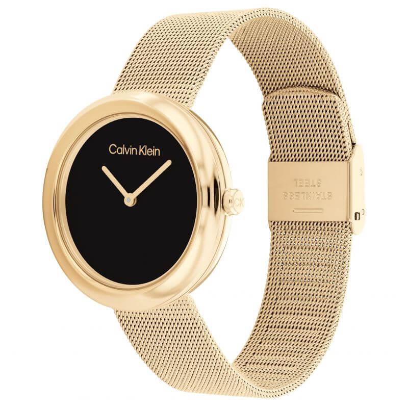Twisted Bezel Black Dial & Gold Tone Mesh Bracelet Ladies Watch