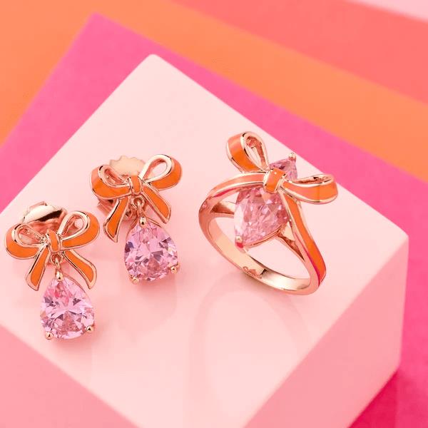 Amelia Bow Studs In Coral Enamel, Pink CZ Teardrop & Rose Gold