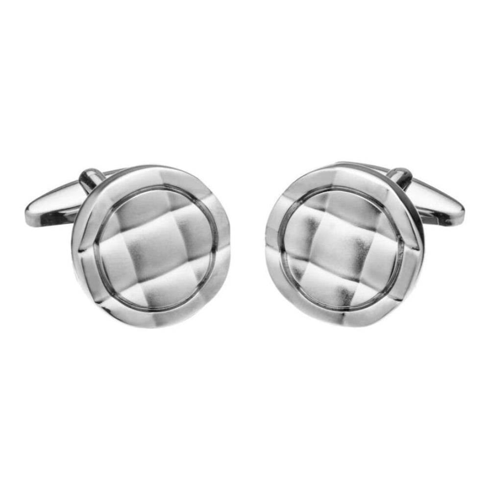 Brass Silver Round Cufflinks With Square Pattern
