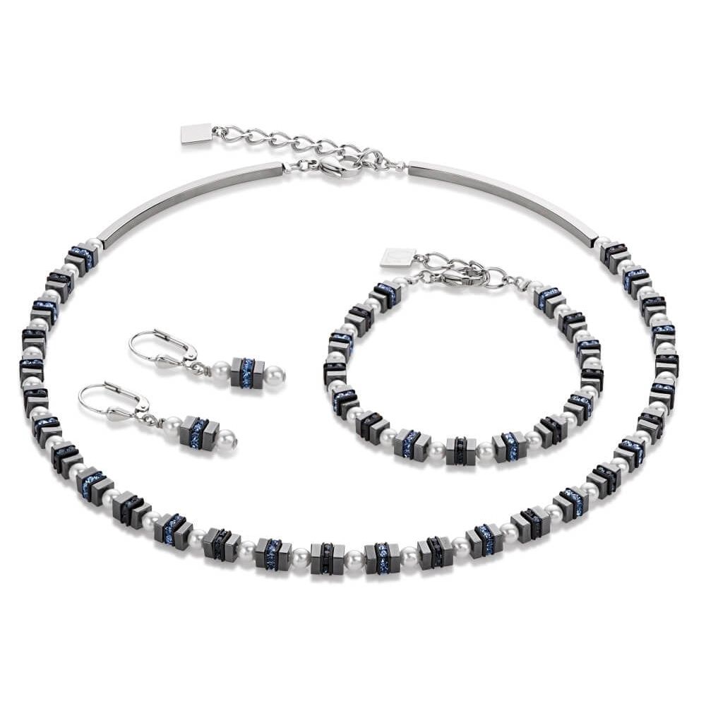 Blue Crystal & Pearl Bracelet, Earrings and Necklace Set