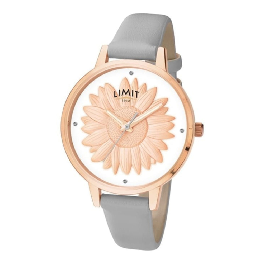 Ladies Rose Gold Plated Sunflower Watch With Grey Strap