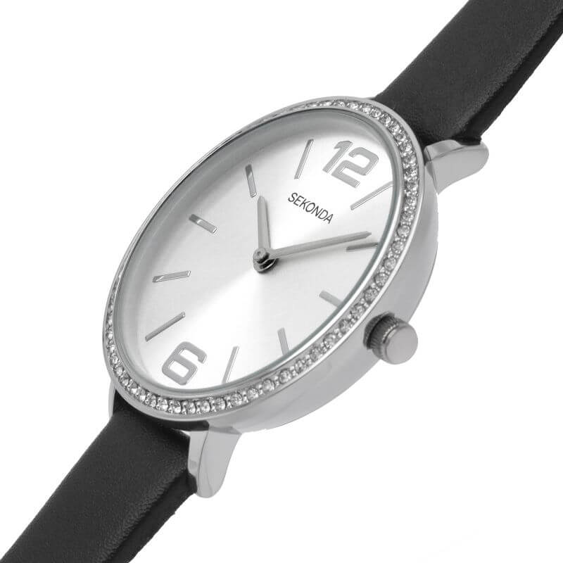 Stainless Steel Stone Set Silver Dial & Black Leather Strap Ladies Watch