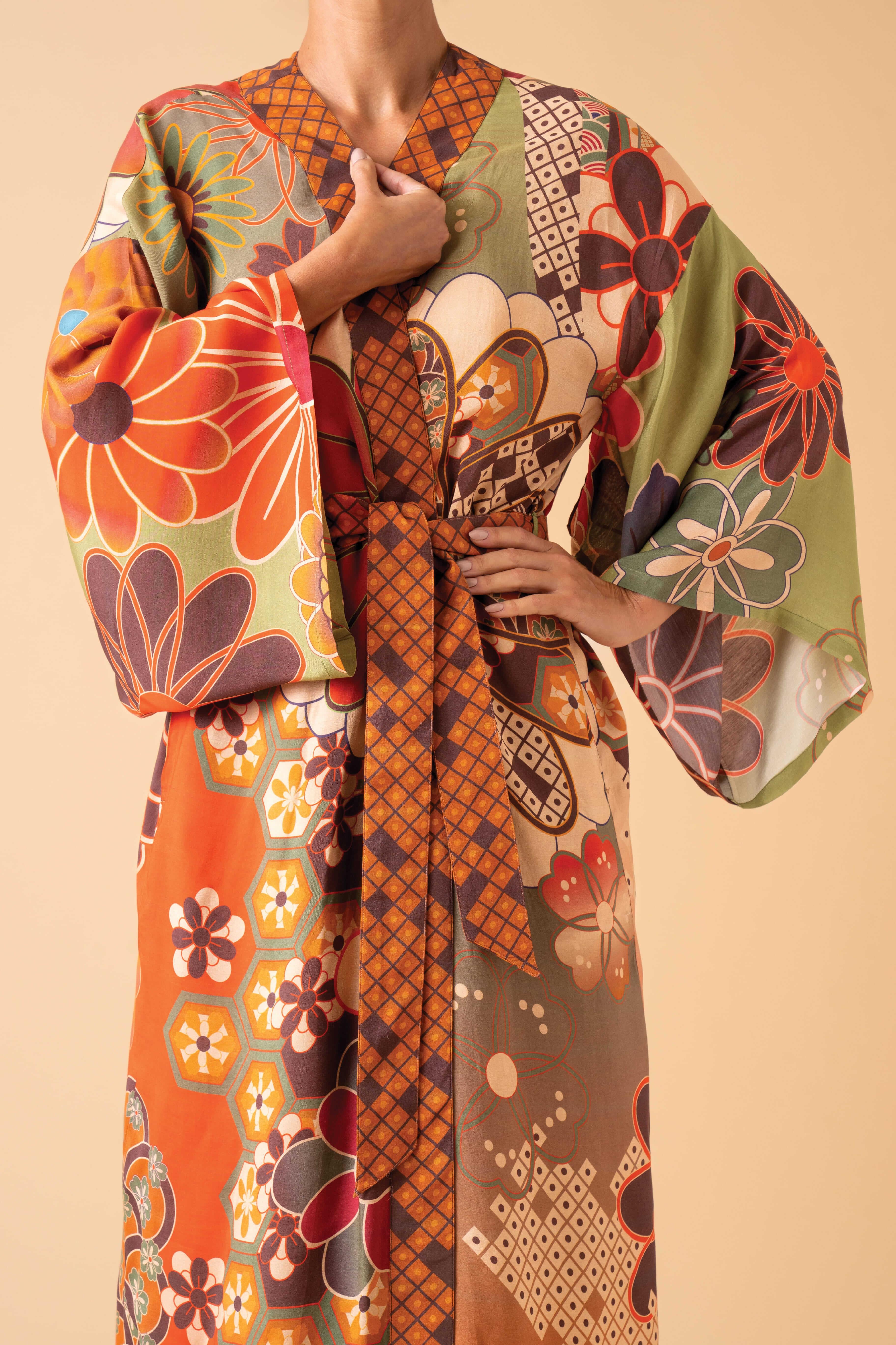 70s Kaleidoscope Floral Kimono Gown- Sage