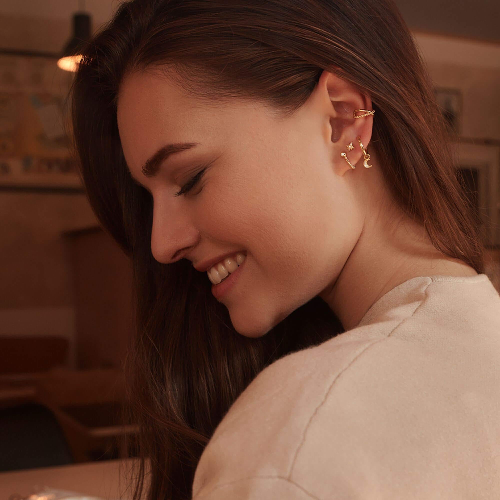 Gold Plated Single Hoop Earring With Moon Pendant