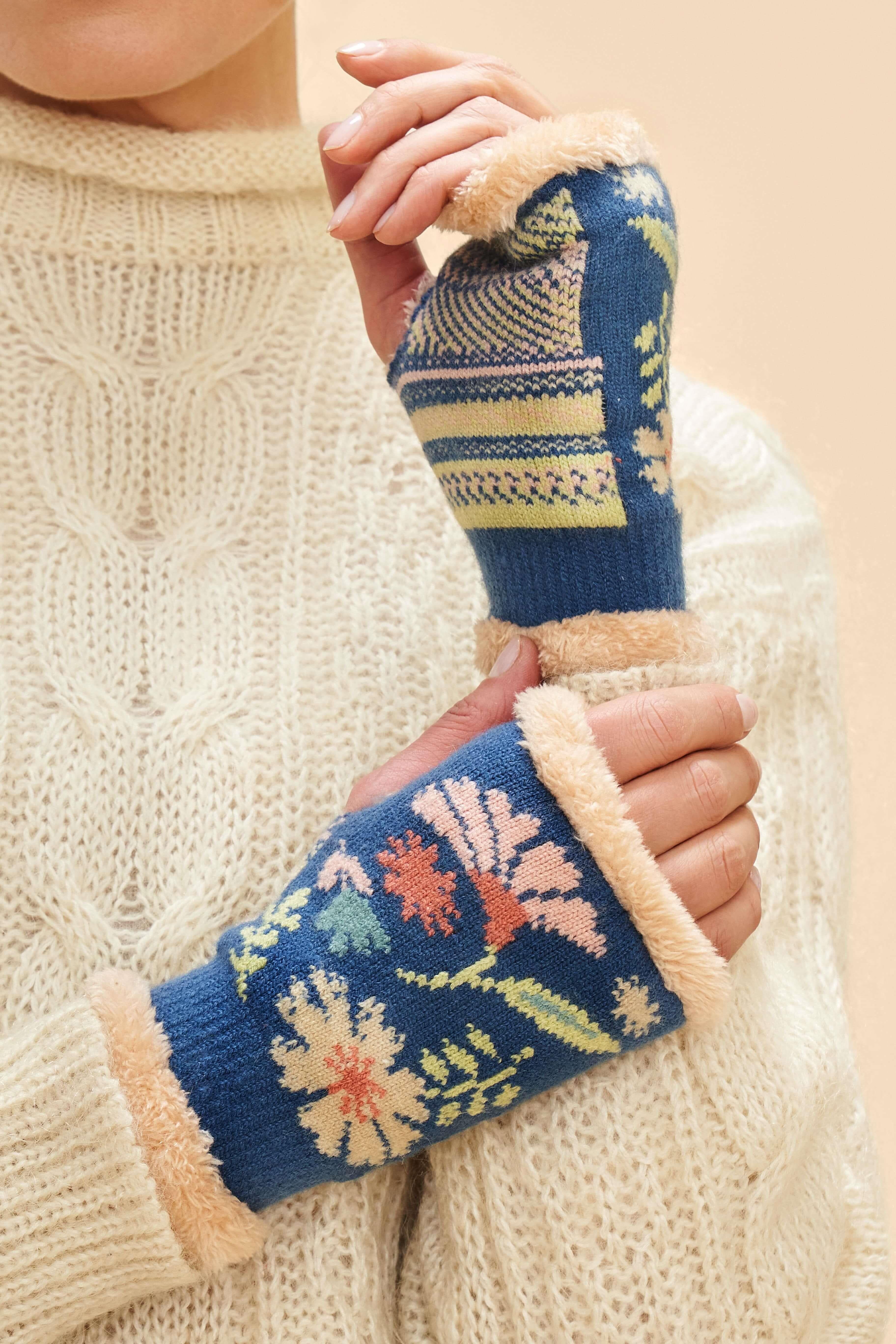 Ladies Watercolour Floral Wrist Warmers - Denim