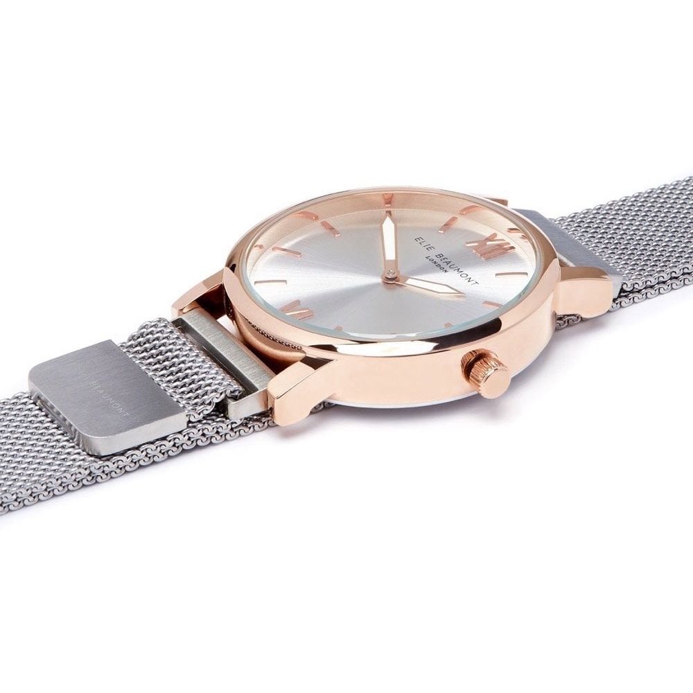 Chelsea Silver Mesh Bracelet Strap With Rose Gold Plated Case & Silver Dial Ladies Watch