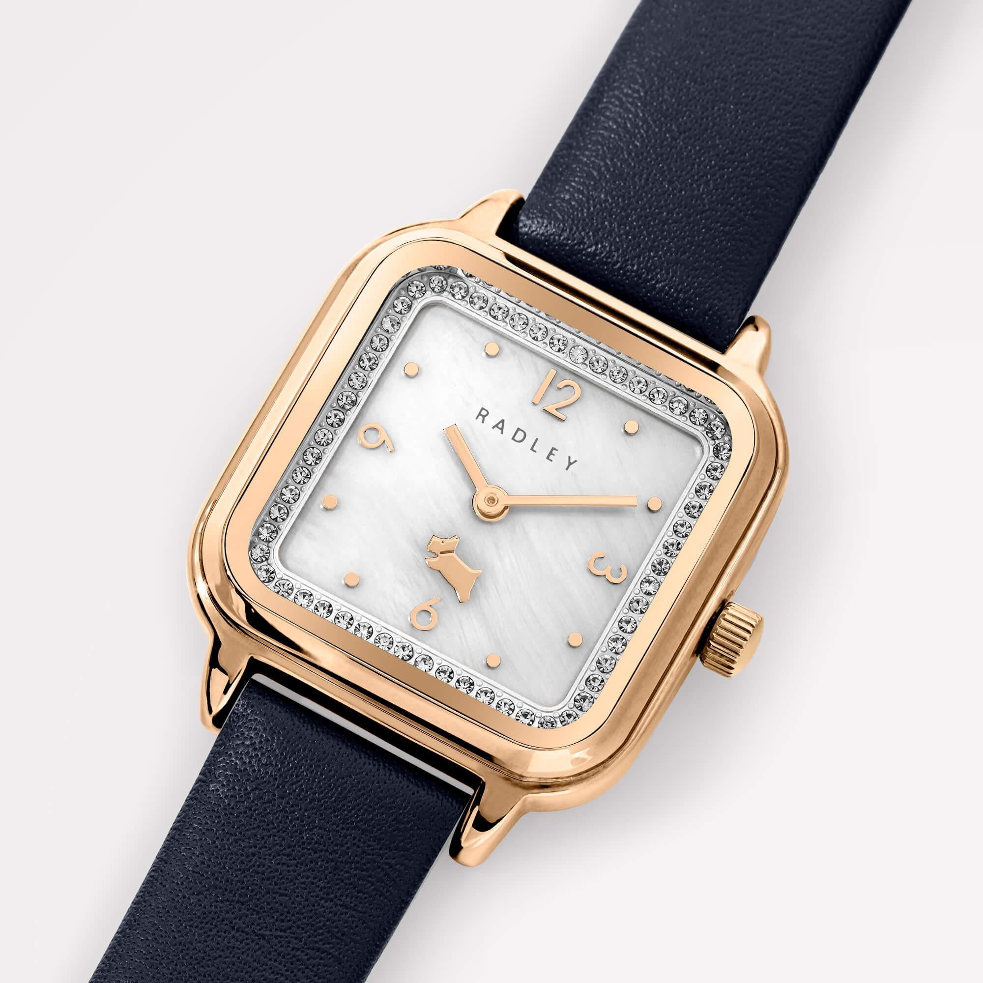 Square Rose Gold Plated Ink Blue Leather Strap Watch