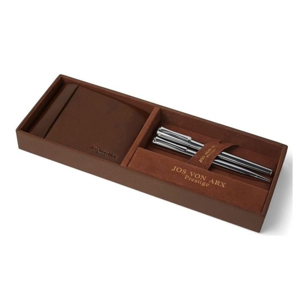 Men's Gift Set With Brown Leather Wallet, Silver Ball Point & Roller Ball Pen