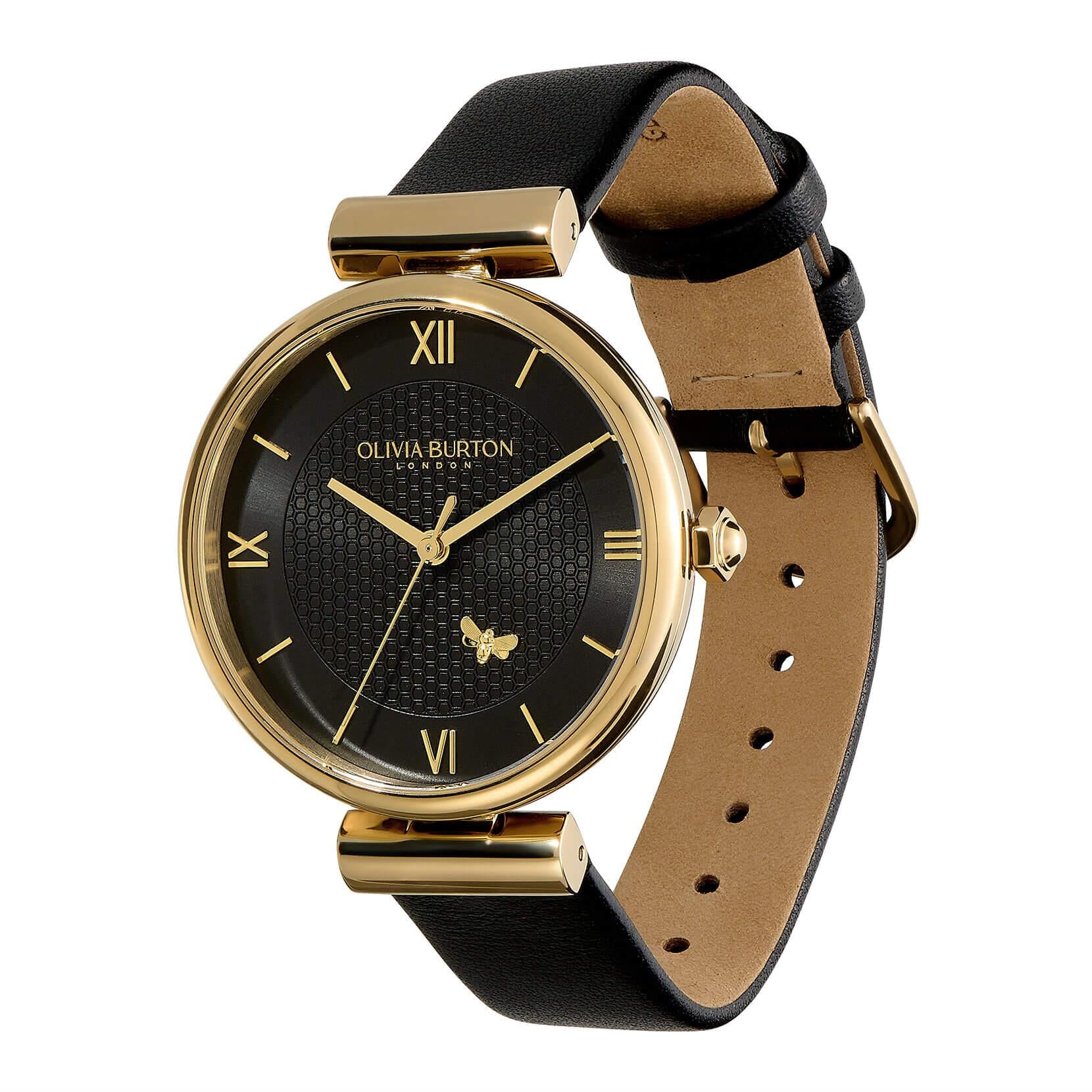 Minima Bee T-Bar Gold & Black Leather Strap Watch