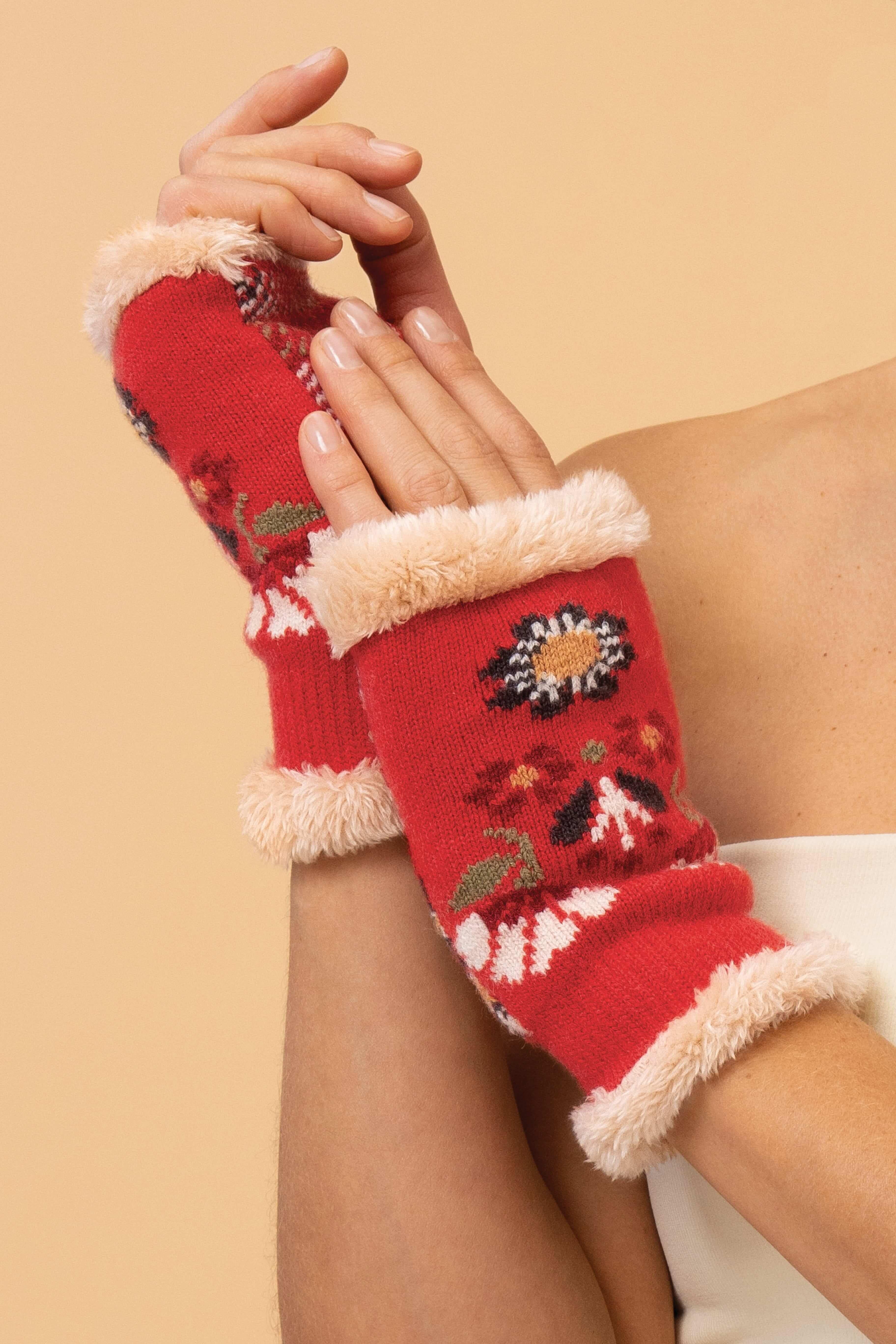 Ladies Cosy Floral Wrist Warmers - Rust