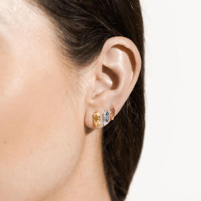 Florence Feathers | Feather Studs | Silver Rose Gold And Gold | Set Of 3 Earrings